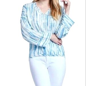 Seven7 Top in Snorkel Blue V-neck Raw Frayed Edges Long Sleeves Loose Fit